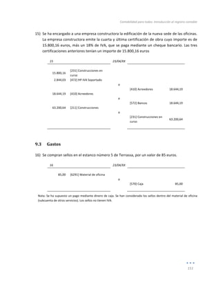 Contabilidad	
  para	
  todos:	
  Introducción	
  al	
  registro	
  contable	
  
	
  
151	
  
	
  
15) Se	
  ha	
  encargado	
  a	
  una	
  empresa	
  constructora	
  la	
  edificación	
  de	
  la	
  nueva	
  sede	
  de	
  las	
  oficinas.	
  
La	
  empresa	
  constructora	
  emite	
  la	
  cuarta	
  y	
  última	
  certificación	
  de	
  obra	
  cuyo	
  importe	
  es	
  de	
  
15.800,16	
  euros,	
  más	
  un	
  18%	
  de	
  IVA,	
  que	
  se	
  paga	
  mediante	
  un	
  cheque	
  bancario.	
  Las	
  tres	
  
certificaciones	
  anteriores	
  tenían	
  un	
  importe	
  de	
  15.800,16	
  euros	
  
15	
   	
   23/04/XX	
   	
   	
  
	
   	
   	
   	
   	
  
15.800,16	
  
[231]	
  Construcciones	
  en	
  
curso	
  
	
   	
  
	
  
2.844,03	
   [472]	
  HP	
  IVA	
  Soportado	
   	
   	
   	
  
	
   	
   a	
   	
   	
  
	
   	
   	
   [410]	
  Acreedores	
   18.644,19	
  
18.644,19	
   [410]	
  Acreedores	
   	
   	
   	
  
	
   	
   a	
   	
   	
  
	
   	
   	
   [572]	
  Bancos	
   18.644,19	
  
63.200,64	
   [211]	
  Construcciones	
   	
   	
   	
  
	
   	
   a	
   	
   	
  
	
  
	
   	
   [231]	
  Construcciones	
  en	
  
curso	
  
63.200,64	
  
	
   	
   	
   	
   	
  
9.3 Gastos	
  
16) Se	
  compran	
  sellos	
  en	
  el	
  estanco	
  número	
  5	
  de	
  Terrassa,	
  por	
  un	
  valor	
  de	
  85	
  euros.	
  
16	
   	
   23/04/XX	
   	
   	
  
	
   	
   	
   	
   	
  
85,00	
   [6291]	
  Material	
  de	
  oficina	
   	
   	
   	
  
	
   	
   a	
   	
   	
  
	
   	
   	
   [570]	
  Caja	
   85,00	
  
	
   	
   	
   	
   	
  
Nota:	
  Se	
  ha	
  supuesto	
  un	
  pago	
  mediante	
  dinero	
  de	
  caja.	
  Se	
  han	
  considerado	
  los	
  sellos	
  dentro	
  del	
  material	
  de	
  oficina	
  
(subcuenta	
  de	
  otros	
  servicios).	
  Los	
  sellos	
  no	
  tienen	
  IVA.	
  
	
  
	
  
	
  
	
  
 