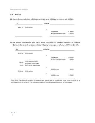 Supuestos	
  prácticos:	
  Soluciones	
  
	
  
154	
  
	
  
9.4 Ventas	
  
21) Venta	
  de	
  mercaderías	
  a	
  crédito	
  por	
  un	
  importe	
  de	
  8.368	
  euros,	
  más	
  un	
  IVA	
  del	
  18%.	
  
21	
   	
   23/04/XX	
   	
   	
  
	
   	
   	
   	
   	
  
9.874,24	
   [430]	
  Clientes	
   	
   	
   	
  
	
   	
   a	
   	
   	
  
	
   	
   	
   [700]	
  Ventas	
   8.368,00	
  
	
   	
   	
   [477]	
  HP	
  IVA	
  Repercutido	
   1.506,24	
  
	
   	
   	
   	
   	
  
	
  
22) Se	
   venden	
   mercaderías	
   por	
   2.800	
   euros,	
   cobrando	
   al	
   contado	
   mediante	
   un	
   cheque	
  
bancario.	
  Se	
  concede	
  un	
  descuento	
  del	
  5%	
  por	
  pronto	
  pago	
  en	
  la	
  factura.	
  El	
  IVA	
  es	
  del	
  18%.	
  
22	
   	
   23/04/XX	
   	
   	
  
	
   	
   	
   	
   	
  
3.304,00	
   [430]	
  Clientes	
   	
   	
   	
  
	
   	
   a	
   	
   	
  
	
   	
   	
   [700]	
  Ventas	
   2.800,00	
  
	
   	
   	
   [477]	
  HP	
  IVA	
  Repercutido	
   504,00	
  
140,00	
  
[706]	
  Descuento	
  sobre	
  
ventas	
  por	
  pronto	
  pago	
  
	
   	
  
	
  
25,20	
   [477]	
  HP	
  IVA	
  Repercutido	
   	
   	
   	
  
	
   	
   a	
   	
   	
  
	
   	
   	
   [430]	
  Clientes	
   165,20	
  
3.138,80	
   [572]	
  Bancos	
   	
   	
   	
  
	
   	
   a	
   	
   	
  
	
   	
   	
   [430]	
  Clientes	
   3.138,80	
  
	
   	
   	
   	
   	
  
Nota:	
   En	
   el	
   Plan	
   General	
   Contable,	
   el	
   descuento	
   por	
   pronto	
   pago	
   es	
   considerado	
   como	
   menor	
   importe	
   de	
   la	
  
compra/venta.	
  El	
  IVA	
  se	
  calcula	
  a	
  partir	
  de	
  la	
  compra/venta	
  neta,	
  después	
  del	
  descuento	
  por	
  pronto	
  pago.	
  
	
  
	
  
	
  
	
  
 