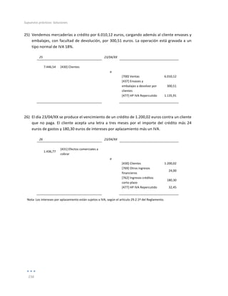 Supuestos	
  prácticos:	
  Soluciones	
  
	
  
156	
  
	
  
25) Vendemos	
  mercaderías	
  a	
  crédito	
  por	
  6.010,12	
  euros,	
  cargando	
  además	
  al	
  cliente	
  envases	
  y	
  
embalajes,	
  con	
  facultad	
  de	
  devolución,	
  por	
  300,51	
  euros.	
  La	
  operación	
  está	
  gravada	
  a	
  un	
  
tipo	
  normal	
  de	
  IVA	
  18%.	
  
25	
   	
   23/04/XX	
   	
   	
  
	
   	
   	
   	
   	
  
7.446,54	
   [430]	
  Clientes	
   	
   	
   	
  
	
   	
   a	
   	
   	
  
	
   	
   	
   [700]	
  Ventas	
   6.010,12	
  
	
  
	
   	
   [437]	
  Envases	
  y	
  
embalajes	
  a	
  devolver	
  por	
  
clientes	
  
300,51	
  
	
   	
   	
   [477]	
  HP	
  IVA	
  Repercutido	
   1.135,91	
  
	
   	
   	
   	
   	
  
	
  
26) El	
  día	
  23/04/XX	
  se	
  produce	
  el	
  vencimiento	
  de	
  un	
  crédito	
  de	
  1.200,02	
  euros	
  contra	
  un	
  cliente	
  
que	
  no	
  paga.	
  El	
  cliente	
  acepta	
  una	
  letra	
  a	
  tres	
  meses	
  por	
  el	
  importe	
  del	
  crédito	
  más	
  24	
  
euros	
  de	
  gastos	
  y	
  180,30	
  euros	
  de	
  intereses	
  por	
  aplazamiento	
  más	
  un	
  IVA.	
  
26	
   	
   23/04/XX	
   	
   	
  
	
   	
   	
   	
   	
  
1.436,77	
  
[431]	
  Efectos	
  comerciales	
  a	
  
cobrar	
  
	
   	
  
	
  
	
   	
   a	
   	
   	
  
	
   	
   	
   [430]	
  Clientes	
   1.200,02	
  
	
  
	
   	
   [769]	
  Otros	
  ingresos	
  
financieros	
  
24,00	
  
	
  
	
   	
   [762]	
  Ingresos	
  créditos	
  
corto	
  plazo	
  
180,30	
  
	
   	
   	
   [477]	
  HP	
  IVA	
  Repercutido	
   32,45	
  
	
   	
   	
   	
   	
  
Nota:	
  Los	
  intereses	
  por	
  aplazamiento	
  están	
  sujetos	
  a	
  IVA,	
  según	
  el	
  artículo	
  29.2.1º	
  del	
  Reglamento.	
  
	
  
	
  
	
  
	
  
	
  
	
  
 