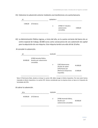 Contabilidad	
  para	
  todos:	
  Introducción	
  al	
  registro	
  contable	
  
	
  
167	
  
	
  
41) Cobramos	
  la	
  subvención	
  anterior	
  mediante	
  una	
  transferencia	
  a	
  la	
  cuenta	
  bancaria.	
  
41	
   	
   26/04/XX+1	
   	
   	
  
	
   	
   	
   	
   	
  
3.000,00	
   [572]	
  Banco	
   	
   	
   	
  
	
  
	
   a	
   [4708]	
  H.P.	
  Deudora	
  
subvenciones	
  
concedidas	
  
3.000,00	
  
	
   	
   	
   	
   	
  
	
  
42) La	
  Administración	
  Pública	
  ingresa,	
  a	
  inicio	
  del	
  año,	
  en	
  la	
  cuenta	
  corriente	
  del	
  banco	
  de	
  un	
  
centro	
  especial	
  de	
  trabajo,	
  60.000	
  euros	
  como	
  consecuencia	
  de	
  una	
  subvención	
  de	
  capital	
  
para	
  la	
  adquisición	
  de	
  una	
  máquina.	
  Esta	
  máquina	
  tendrá	
  una	
  vida	
  útil	
  de	
  10	
  años.	
  
	
  Al	
  conceder	
  la	
  subvención.	
  
	
  
42	
   	
   01/01/XX	
   	
   	
  
	
   	
   	
   	
   	
  
60.000,00	
  
[4708]	
  Hacienda	
  Pública,	
  
deudora	
  por	
  subvenciones	
  
concedidas	
  
	
   	
  
	
  
	
  
	
   a	
   [130]	
  Subvenciones	
  
oficiales	
  de	
  capital	
  
45.000,00	
  
	
   	
   	
   [479]	
  Pasivos	
  por	
  
diferencias	
  temporarias	
  
imponibles	
  
15.000,00	
  
	
   	
   	
   	
   	
  
Nota:	
  El	
  Patrimonio	
  Neto,	
  donde	
  se	
  incluye	
  la	
  cuenta	
  130,	
  debe	
  recoger	
  el	
  efecto	
  impositivo.	
  Por	
  esta	
  razón	
  hemos	
  
imputado	
  el	
  efecto	
  impositivo	
  a	
  la	
  cuenta	
  479.	
  Hemos	
  considerado	
  que	
  la	
  empresa	
  tiene	
  un	
  tipo	
  en	
  el	
  Impuesto	
  de	
  
Sociedades	
  del	
  25%.	
  
Al	
  cobrar	
  la	
  subvención.	
  
	
  
42.a	
   	
   10/03/XX	
   	
   	
  
	
   	
   	
   	
   	
  
60.000,00	
   [572]	
  Bancos	
   	
   	
   	
  
	
  
	
   a	
   [4708]	
  Hacienda	
  Pública,	
  
deudora	
  por	
  
subvenciones	
  concedidas	
  
60.000,00	
  
	
   	
   	
   	
   	
  
	
  
	
  
	
  
	
  
 