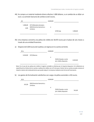 Contabilidad	
  para	
  todos:	
  Introducción	
  al	
  registro	
  contable	
  
	
  
169	
  
	
  
44) Se	
  compra	
  un	
  material	
  mediante	
  dinero	
  efectivo	
  1.000	
  dólares,	
  a	
  un	
  cambio	
  de	
  un	
  dólar	
  un	
  
euro.	
  La	
  comisión	
  bancaria	
  de	
  cambio	
  es	
  de	
  6	
  euros.	
  
44	
   	
   23/04/XX	
   	
   	
  
	
   	
   	
   	
   	
  
1.000,00	
   [571]	
  Moneda	
  extranjera	
   	
   	
   	
  
6,00	
  
[626]	
  Servicios	
  bancarios	
  y	
  
similares	
  
a	
   	
  
	
  
	
   	
   	
   [570]	
  Caja	
   1.006,00	
  
	
   	
   	
   	
   	
  
	
  
45) Una	
  empresa	
  concierta	
  una	
  póliza	
  de	
  crédito	
  de	
  18.072	
  euros	
  por	
  el	
  plazo	
  de	
  seis	
  meses	
  a	
  
través	
  de	
  una	
  entidad	
  financiera.	
  
a) Dispone	
  de	
  6.024	
  euros	
  de	
  la	
  póliza	
  y	
  la	
  ingresa	
  en	
  la	
  cuenta	
  corriente.	
  
45.a	
   	
   23/04/XX	
   	
   	
  
	
   	
   	
   	
   	
  
6.024,00	
   [572]	
  Bancos	
   	
   	
   	
  
	
   	
   a	
   	
   	
  
	
   	
   	
   [5201]	
  Deudas	
  a	
  corto	
  
por	
  crédito	
  dispuesto	
  
6.024,00	
  
	
   	
   	
   	
   	
  
Nota:	
  En	
  el	
  caso	
  de	
  las	
  pólizas	
  de	
  crédito	
  el	
  registro	
  contable	
  se	
  efectúa	
  por	
  el	
  importe	
  dispuesto.	
  En	
  la	
  Memoria	
  se	
  
especificará	
  los	
  límites	
  de	
  las	
  cuentas	
  o	
  pólizas	
  de	
  crédito	
  con	
  el	
  fin	
  de	
  que	
  el	
  lector	
  de	
  las	
  cuentas	
  anuales	
  conozca	
  el	
  
importe	
  máximo	
  del	
  endeudamiento	
  que	
  puede	
  adquirir	
  la	
  empresa	
  mediante	
  esta	
  forma	
  de	
  financiación.	
  	
  
b) Los	
  gastos	
  de	
  formalización	
  satisfechos	
  con	
  cargo	
  a	
  la	
  póliza	
  ascienden	
  a	
  241	
  euros.	
  
45.b	
   	
   23/04/XX	
   	
   	
  
	
   	
   	
   	
   	
  
241,00	
  
[626]	
  Servicios	
  bancarios	
  y	
  
similares	
  
	
   	
  
	
  
	
   	
   a	
   	
   	
  
	
   	
   	
   [5201]	
  Deudas	
  a	
  corto	
  
por	
  crédito	
  dispuesto	
  
241,00	
  
	
   	
   	
   	
   	
  
	
  
	
  
	
  
	
  
 