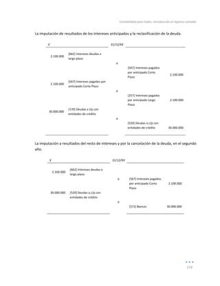 Contabilidad	
  para	
  todos:	
  Introducción	
  al	
  registro	
  contable	
  
	
  
173	
  
	
  
La	
  imputación	
  de	
  resultados	
  de	
  los	
  intereses	
  anticipados	
  y	
  la	
  reclasificación	
  de	
  la	
  deuda.	
  
	
  
X	
   	
   31/12/XX	
   	
   	
  
	
   	
   	
   	
   	
  
2.100.000	
  
[662]	
  Intereses	
  deudas	
  a	
  
largo	
  plazo	
  
	
   	
  
	
  
	
   	
   a	
   	
   	
  
	
   	
   	
   [567]	
  Intereses	
  pagados	
  
por	
  anticipado	
  Corto	
  
Plazo	
  
	
  
2.100.000	
  
2.100.000	
  
[567]	
  Intereses	
  pagados	
  por	
  
anticipado	
  Corto	
  Plazo	
  
	
   	
  
	
  
	
   	
   a	
   	
   	
  
	
  
	
   	
   [257]	
  Intereses	
  pagados	
  
por	
  anticipado	
  Largo	
  
Plazo	
  
2.100.000	
  
30.000.000	
  
[170]	
  Deudas	
  a	
  l/p	
  con	
  
entidades	
  de	
  crédito	
  
	
   	
  
	
  
	
   	
   a	
   	
   	
  
	
  
	
   	
   [520]	
  Deudas	
  a	
  c/p	
  con	
  
entidades	
  de	
  crédito	
  
	
  
30.000.000	
  
	
   	
   	
   	
   	
  
	
  
La	
  imputación	
  a	
  resultados	
  del	
  resto	
  de	
  intereses	
  y	
  por	
  la	
  cancelación	
  de	
  la	
  deuda,	
  en	
  el	
  segundo	
  
año.	
  
	
  
X	
   	
   31/12/XX	
   	
   	
  
	
   	
   	
   	
   	
  
2.100.000	
  
[662]	
  Intereses	
  deudas	
  a	
  
largo	
  plazo	
  
	
   	
  
	
  
	
  
	
   a	
   [567]	
  Intereses	
  pagados	
  
por	
  anticipado	
  Corto	
  
Plazo	
  
2.100.000	
  
30.000.000	
   [520]	
  Deudas	
  a	
  c/p	
  con	
  
entidades	
  de	
  crédito	
  
	
   	
  
	
  
	
   	
   a	
   	
   	
  
	
   	
   	
   [572]	
  Bancos	
   30.000.000	
  
	
   	
   	
   	
   	
  
	
  
	
  
	
  
	
  
 