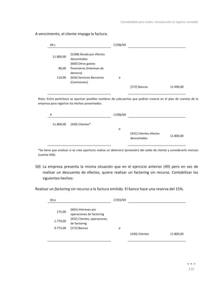 Contabilidad	
  para	
  todos:	
  Introducción	
  al	
  registro	
  contable	
  
	
  
175	
  
	
  
A	
  vencimiento,	
  el	
  cliente	
  impaga	
  la	
  factura.	
  
	
  
49.c	
   	
   17/06/XX	
   	
   	
  
	
   	
   	
   	
   	
  
11.800,00	
  
[5208]	
  Deuda	
  por	
  efectos	
  
descontados	
  
	
   	
  
	
  
80,00	
  
[669]	
  Otros	
  gastos	
  
financieros	
  (Intereses	
  de	
  
demora)	
  
	
   	
  
	
  
110,00	
   [626]	
  Servicios	
  Bancarios	
  
(Comisiones)	
  
a	
   	
  
	
  
	
   	
   	
   [572]	
  Bancos	
   11.990,00	
  
	
   	
   	
   	
   	
  
Nota:	
  Entre	
  paréntesis	
  se	
  apuntan	
  posibles	
  nombres	
  de	
  subcuentas	
  que	
  podrán	
  crearse	
  en	
  el	
  plan	
  de	
  cuentas	
  de	
  la	
  
empresa	
  para	
  registrar	
  los	
  hechos	
  presentados.	
  
X	
   	
   17/06/XX	
   	
   	
  
	
   	
   	
   	
   	
  
11.800,00	
   [430]	
  Clientes*	
   	
   	
   	
  
	
   	
   a	
   	
   	
  
	
  
	
   	
   [431]	
  Clientes	
  efectos	
  
descontados	
  
11.800,00	
  
	
   	
   	
   	
   	
  
*Se	
  tiene	
  que	
  analizar	
  si	
  se	
  cree	
  oportuno	
  realiza	
  un	
  deterioro	
  (provisión)	
  del	
  saldo	
  de	
  cliente	
  y	
  considerarlo	
  moroso	
  
(cuenta	
  436)	
  
50) La	
  empresa	
  presenta	
  la	
  misma	
  situación	
  que	
  en	
  el	
  ejercicio	
  anterior	
  (49)	
  pero	
  en	
  vez	
  de	
  
realizar	
  un	
  descuento	
  de	
  efectos,	
  quiere	
  realizar	
  un	
  factoring	
  sin	
  recurso.	
  Contabilizar	
  los	
  
siguientes	
  hechos:	
  
Realizar	
  un	
  factoring	
  sin	
  recurso	
  a	
  la	
  factura	
  emitida.	
  El	
  banco	
  hace	
  una	
  reserva	
  del	
  15%.	
  
	
  
50.a	
   	
   17/03/XX	
   	
   	
  
	
   	
   	
   	
   	
  
275,00	
  
[665]	
  Intereses	
  por	
  
operaciones	
  de	
  factoring	
  
	
   	
  
	
  
1.770,00	
  
[432]	
  Clientes,	
  operaciones	
  
de	
  factoring	
  	
  
	
   	
  
	
  
9.775,00	
   [572]	
  Bancos	
   a	
   	
   	
  
	
   	
   	
   [430]	
  Clientes	
   11.800,00	
  
	
   	
   	
   	
   	
  
	
  
	
  
	
  
 
