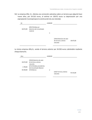 Contabilidad	
  para	
  todos:	
  Introducción	
  al	
  registro	
  contable	
  
	
  
179	
  
	
  
54) La	
  empresa	
  Alfa,	
  S.L.	
  efectúa	
  una	
  corrección	
  valorativa	
  sobre	
  un	
  terreno	
  que	
  adquirió	
  hace	
  
nueve	
   años,	
   por	
   54.216	
   euros,	
   al	
   estimar	
   en	
   18.072	
   euros	
   su	
   depreciación	
   por	
   una	
  
expropiación	
  municipal	
  (para	
  la	
  construcción	
  de	
  una	
  rotonda).	
  
54	
   	
   23/04/XX	
   	
   	
  
	
   	
   	
   	
   	
  
18.072,00	
  
[691]	
  Pérdidas	
  por	
  
deterioro	
  del	
  inmovilizado	
  
material	
  
	
   	
  
	
  
	
   	
   a	
   	
   	
  
	
   	
   	
   	
  
	
  
[2910]	
  Deterioro	
  de	
  valor	
  
de	
  terrenos	
  y	
  bienes	
  
naturales	
  
	
  
	
  
18.072,00	
  
	
   	
   	
   	
   	
  
	
  
La	
  misma	
  empresa	
  Alfa,S.L.	
  vende	
  el	
  terreno	
  anterior	
  por	
  34.350	
  euros	
  cobrándolo	
  mediante	
  
cheque	
  bancario.	
  
	
  
54.a	
   	
   23/04/XX	
   	
   	
  
	
   	
   	
   	
   	
  
18.072,00	
  
[2910]	
  Deterioro	
  de	
  valor	
  
de	
  terrenos	
  y	
  bienes	
  
naturales	
  
	
   	
  
	
  
1.794,00	
  
[671]	
  Pérdidas	
  procedentes	
  
del	
  Inmovilizado	
  Material	
  
	
   	
  
	
  
34.350,00	
   [572]	
  Bancos	
   a	
   	
   	
  
	
   	
   	
   [220]	
  Terrenos	
  y	
  bienes	
  
naturales	
  
54.216,00	
  
	
   	
   	
   	
   	
  
	
  
	
  
	
  
	
  
	
  
	
  
 