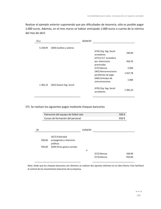 Contabilidad	
  para	
  todos:	
  Introducción	
  al	
  registro	
  contable	
  
	
  
181	
  
	
  
Realizar	
  el	
  ejemplo	
  anterior	
  suponiendo	
  que	
  por	
  dificultades	
  de	
  tesorería,	
  sólo	
  es	
  posible	
  pagar	
  
2.000	
  euros.	
  Además,	
  en	
  el	
  mes	
  marzo	
  se	
  habían	
  anticipado	
  1.000	
  euros	
  a	
  cuenta	
  de	
  la	
  nómina	
  
del	
  mes	
  de	
  abril.	
  
	
  
55.a	
   	
   30/04/XX	
   	
   	
  
	
   	
   	
   	
   	
  
5.258,94	
   [640]	
  Sueldos	
  y	
  salarios	
   	
   	
   	
  
	
  
	
   	
   [476]	
  Org.	
  Seg.	
  Social	
  
acreedores	
  
240,40	
  
	
   	
   	
   [4751]	
  H.P.	
  acreedora	
  
por	
  retenciones	
  
practicadas	
  
450,76	
  
	
   	
   	
   [572]	
  Bancos	
   2.000	
  
	
   	
   	
   [465]	
  Remuneraciones	
  
pendientes	
  de	
  pago	
  
1.567,78	
  
	
   	
   	
   [460]	
  Anticipos	
  de	
  
remuneraciones	
  
1.000	
  
1.382,33	
   [642]	
  Gastos	
  Seg.	
  Social	
   	
   	
   	
  
	
  
	
   	
   [476]	
  Org.	
  Seg.	
  Social	
  
acreedores	
  
1.382,33	
  
	
   	
   	
   	
   	
  
	
  
57) Se	
  realizan	
  los	
  siguientes	
  pagos	
  mediante	
  cheques	
  bancarios	
  
Patrocinio	
  del	
  equipo	
  de	
  fútbol	
  sala	
   500	
  €	
  
Cursos	
  de	
  formación	
  del	
  personal	
   950	
  €	
  
	
  
56	
   	
   23/04/XX	
   	
   	
  
	
   	
   	
   	
   	
  
500,00	
  
[627]	
  Publicidad	
  
propaganda	
  y	
  relaciones	
  
públicas	
  
	
   	
  
	
  
950,00	
   [649]	
  Otros	
  gastos	
  sociales	
   	
   	
   	
  
	
   	
   a	
   	
   	
  
	
   	
   	
   [572]	
  Bancos	
   500,00	
  
	
   	
   	
   [572]	
  Bancos	
   950,00	
  
	
   	
   	
   	
   	
  
Nota:	
  Dado	
  que	
  los	
  cheques	
  bancarios	
  son	
  distintos	
  se	
  realizan	
  dos	
  apuntes	
  distintos	
  en	
  el	
  Libro	
  Diario.	
  Esto	
  facilitará	
  
el	
  control	
  de	
  los	
  movimientos	
  bancarios	
  de	
  la	
  empresa.	
  
	
  
 