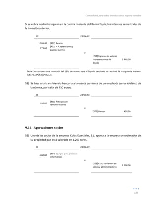 Contabilidad	
  para	
  todos:	
  Introducción	
  al	
  registro	
  contable	
  
	
  
183	
  
	
  
Si	
  se	
  cobra	
  mediante	
  ingreso	
  en	
  la	
  cuenta	
  corriente	
  del	
  Banco	
  Equis,	
  los	
  intereses	
  semestrales	
  de	
  
la	
  inversión	
  anterior.	
  
	
  
57.c	
   	
   23/04/XX	
   	
   	
  
	
   	
   	
   	
   	
  
1.166,40	
   [572]	
  Bancos	
   	
   	
   	
  
273,60	
  
[473]	
  H.P.	
  retenciones	
  y	
  
pagos	
  a	
  cuenta	
  
	
   	
  
	
  
	
   	
   a	
   	
   	
  
	
   	
   	
   [761]	
  Ingresos	
  de	
  valores	
  
representativos	
  de	
  
deuda	
  
1.440,00	
  
	
   	
   	
   	
   	
  
Nota:	
  Se	
  considera	
  una	
  retención	
  del	
  19%,	
  de	
  manera	
  que	
  el	
  líquido	
  percibido	
  se	
  calculará	
  de	
  la	
  siguiente	
  manera:	
  
0,81*0,12*24.000*(6/12).	
  
59) Se	
  hace	
  una	
  transferencia	
  bancaria	
  a	
  la	
  cuenta	
  corriente	
  de	
  un	
  empleado	
  como	
  adelanto	
  de	
  
la	
  nómina,	
  por	
  valor	
  de	
  450	
  euros.	
  	
  
58	
   	
   23/04/XX	
   	
   	
  
	
   	
   	
   	
   	
  
450,00	
  
[460]	
  Anticipos	
  de	
  
remuneraciones	
  
	
   	
  
	
  
	
   	
   a	
   	
   	
  
	
   	
   	
   [572]	
  Bancos	
   450,00	
  
	
   	
   	
   	
   	
  
9.11 Aportaciones	
  socios	
  
59) Uno	
  de	
  los	
  socios	
  de	
  la	
  empresa	
  Colas	
  Especiales,	
  S.L.	
  aporta	
  a	
  la	
  empresa	
  un	
  ordenador	
  de	
  
su	
  propiedad	
  que	
  está	
  valorado	
  en	
  1.200	
  euros.	
  
59	
   	
   23/04/XX	
   	
   	
  
	
   	
   	
   	
   	
  
1.200,00	
  
[227]	
  Equipos	
  para	
  procesos	
  
informáticos	
  
	
   	
  
	
  
	
   	
   a	
   	
   	
  
	
   	
   	
   [553]	
  Ctas.	
  corrientes	
  de	
  
socios	
  y	
  administradores	
  
1.200,00	
  
	
   	
   	
   	
   	
  
	
  
 