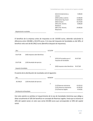Contabilidad	
  para	
  todos:	
  Introducción	
  al	
  registro	
  contable	
  
	
  
203	
  
	
  
	
   	
   	
   [621]	
  Arrendamientos	
  y	
  
cánones	
  
5.000,00	
  
	
   	
   	
   [640]	
  Sueldos	
  y	
  salarios	
   15.000,00	
  
	
   	
   	
   [642]	
  Gastos	
  Seg.	
  Social	
   10.804,00	
  
	
   	
   	
   [602]	
  Compras	
   35.270,00	
  
	
   	
   	
   [6911]	
  Dot.	
  Amortiz.	
  
Mobiliario	
  	
  
8.000,00	
  
	
   	
   	
   [6811]	
  Dot.	
  Amortiz.	
  
Maquinaria	
  
24.000,00	
  
Regularización	
  resultados	
   	
   	
   	
  
	
  
	
  
El	
   beneficio	
   de	
   la	
   empresa	
   antes	
   de	
   impuestos	
   es	
   de	
   118.926	
   euros,	
   obtenido	
   calculando	
   la	
  
diferencia	
  entre	
  220.000	
  y	
  101.074	
  euros.	
  Si	
  la	
  tasa	
  del	
  Impuesto	
  de	
  Sociedades	
  es	
  del	
  30%,	
  el	
  
beneficio	
  neto	
  será	
  de	
  83.248,2	
  euros	
  (Beneficio	
  después	
  de	
  impuestos).	
  
	
  
	
  
78.d	
   	
   31/12/XX	
   	
   	
  
	
   	
   	
   	
   	
  
35.677,80	
   [630]	
  Impuesto	
  sobre	
  Beneficios	
   	
   	
   	
  
	
   	
   a	
   	
   	
  
	
   	
   	
   [4752]	
  HP	
  acreedora	
  por	
  el	
  
Impuesto	
  de	
  Sociedades	
  
35.677,80	
  
35.677,80	
   [129]	
  Resultado	
  del	
  ejercicio	
   	
   	
   	
  
	
   	
   a	
   	
   	
  
	
   	
   	
   [630]	
  Impuesto	
  sobre	
  Beneficios	
   35.677,80	
  
Impuesto	
  Sociedades	
   	
   	
   	
  
	
  
El	
  asiento	
  de	
  la	
  distribución	
  de	
  resultados	
  será	
  el	
  siguiente:	
  
	
  
78.e	
   	
   XX/XX/XX	
   	
   	
  
	
   	
   	
   	
   	
  
	
  	
  83.248,20	
   [129]	
  Resultado	
  del	
  ejercicio	
  	
   	
   	
   	
  
	
   	
   a	
   	
   	
  
	
   	
   	
   [113]	
  Reservas	
  voluntarias	
   41.624,10	
  
	
   	
   	
   [1141]	
  Reservas	
  estatutarias	
  
[112]	
  Reservas	
  legales	
  
33.299,28	
  
8.324,82	
  
Distribución	
  de	
  Resultados	
   	
   	
   	
  
	
  
Con	
  este	
  asiento	
  se	
  satisface	
  el	
  requerimiento	
  de	
  la	
  Ley	
  de	
  Sociedades	
  Anónimas	
  que	
  obliga	
  a	
  
dotar	
  anualmente	
  el	
  10%	
  del	
  beneficio	
  en	
  concepto	
  de	
  Reservas	
  Legales,	
  hasta	
  que	
  se	
  alcance	
  el	
  
20%	
  del	
  capital	
  social,	
  en	
  este	
  caso	
  serían	
  83.400	
  euros	
  que	
  corresponden	
  al	
  20%	
  del	
  capital	
  
social.	
  	
  	
  	
  
 