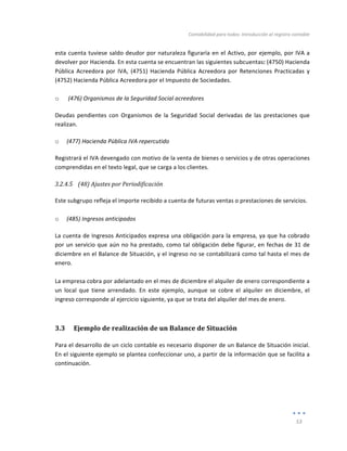 Contabilidad	
  para	
  todos:	
  Introducción	
  al	
  registro	
  contable	
  
	
  
53	
  
	
  
esta	
  cuenta	
  tuviese	
  saldo	
  deudor	
  por	
  naturaleza	
  figuraría	
  en	
  el	
  Activo,	
  por	
  ejemplo,	
  por	
  IVA	
  a	
  
devolver	
  por	
  Hacienda.	
  En	
  esta	
  cuenta	
  se	
  encuentran	
  las	
  siguientes	
  subcuentas:	
  (4750)	
  Hacienda	
  
Pública	
  Acreedora	
  por	
  IVA,	
  (4751)	
  Hacienda	
   Pública	
  Acreedora	
  por	
  Retenciones	
  Practicadas	
  y	
  
(4752)	
  Hacienda	
  Pública	
  Acreedora	
  por	
  el	
  Impuesto	
  de	
  Sociedades.	
  
	
  
o 	
  (476)	
  Organismos	
  de	
  la	
  Seguridad	
  Social	
  acreedores	
  
Deudas	
   pendientes	
   con	
   Organismos	
   de	
   la	
   Seguridad	
   Social	
   derivadas	
   de	
   las	
   prestaciones	
   que	
  
realizan.	
  
o (477)	
  Hacienda	
  Pública	
  IVA	
  repercutido	
  
Registrará	
  el	
  IVA	
  devengado	
  con	
  motivo	
  de	
  la	
  venta	
  de	
  bienes	
  o	
  servicios	
  y	
  de	
  otras	
  operaciones	
  
comprendidas	
  en	
  el	
  texto	
  legal,	
  que	
  se	
  carga	
  a	
  los	
  clientes.	
  
3.2.4.5 (48)	
  Ajustes	
  por	
  Periodificación	
  
	
  
Este	
  subgrupo	
  refleja	
  el	
  importe	
  recibido	
  a	
  cuenta	
  de	
  futuras	
  ventas	
  o	
  prestaciones	
  de	
  servicios.	
  
	
  
o (485)	
  Ingresos	
  anticipados	
  
La	
  cuenta	
  de	
  Ingresos	
  Anticipados	
  expresa	
  una	
  obligación	
  para	
  la	
  empresa,	
  ya	
  que	
  ha	
  cobrado	
  
por	
  un	
  servicio	
  que	
  aún	
  no	
  ha	
  prestado,	
  como	
  tal	
  obligación	
  debe	
  figurar,	
  en	
  fechas	
  de	
  31	
  de	
  
diciembre	
  en	
  el	
  Balance	
  de	
  Situación,	
  y	
  el	
  ingreso	
  no	
  se	
  contabilizará	
  como	
  tal	
  hasta	
  el	
  mes	
  de	
  
enero.	
  
	
  
La	
  empresa	
  cobra	
  por	
  adelantado	
  en	
  el	
  mes	
  de	
  diciembre	
  el	
  alquiler	
  de	
  enero	
  correspondiente	
  a	
  
un	
   local	
   que	
   tiene	
   arrendado.	
   En	
   este	
   ejemplo,	
   aunque	
   se	
   cobre	
   el	
   alquiler	
   en	
   diciembre,	
   el	
  
ingreso	
  corresponde	
  al	
  ejercicio	
  siguiente,	
  ya	
  que	
  se	
  trata	
  del	
  alquiler	
  del	
  mes	
  de	
  enero.	
  
3.3 Ejemplo	
  de	
  realización	
  de	
  un	
  Balance	
  de	
  Situación	
  
Para	
  el	
  desarrollo	
  de	
  un	
  ciclo	
  contable	
  es	
  necesario	
  disponer	
  de	
  un	
  Balance	
  de	
  Situación	
  inicial.	
  
En	
  el	
  siguiente	
  ejemplo	
  se	
  plantea	
  confeccionar	
  uno,	
  a	
  partir	
  de	
  la	
  información	
  que	
  se	
  facilita	
  a	
  
continuación.	
  	
  
	
  
	
  
	
  
	
  
 