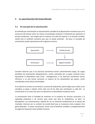 Contabilidad	
  para	
  todos:	
  Introducción	
  al	
  registro	
  contable	
  
	
  
73	
  
	
  
5 La	
  amortización	
  del	
  inmovilizado	
  
5.1 El	
  concepto	
  de	
  la	
  amortización	
  
Se	
  entiende	
  por	
  amortización	
  la	
  representación	
  contable	
  de	
  la	
  depreciación	
  monetaria	
  que	
  en	
  el	
  
transcurso	
  del	
  tiempo	
  sufren	
  los	
  activos	
  inmovilizados	
  (material	
  e	
  inmaterial)	
  por	
  aplicación	
  al	
  
proceso	
  productivo,	
  	
  que	
  tengan	
  para	
  la	
  empresa	
  una	
  vida	
  útil	
  superior	
  a	
  un	
  período	
  contable,	
  
siendo	
   esta	
   la	
   condición	
   necesaria	
   para	
   que	
   se	
   pueda	
   amortizar.	
   	
   Así	
   pues,	
   el	
   concepto	
   de	
  
amortización	
  puede	
  representarse	
  de	
  la	
  siguiente	
  manera:	
  	
  
	
  
	
  
	
  
Conviene	
   observar	
   que	
   si	
   los	
   ejercicios	
   económicos	
   fueran	
   suficientemente	
   largos,	
   las	
   cargas	
  
periódicas	
   de	
   amortización	
   desaparecerían	
   y	
   serían	
   sustituidas	
   por	
   un	
   gasto	
   corriente	
   único,	
  
equivalente	
   al	
   desembolso	
   total	
   inicial.	
   	
   Análogamente,	
   si	
   los	
   ejercicios	
   económicos	
   fueran	
  
inferiores	
   a	
   un	
   año	
   (varias	
   semanas),	
   la	
   mayoría	
   de	
   los	
   desembolsos	
   por	
   gastos,	
   serían	
  
considerados	
  como	
  activos	
  amortizables.	
  
	
  
Si	
  se	
  valoran	
  los	
  activos	
  no	
  corrientes	
  a	
  su	
  precio	
  de	
  adquisición,	
  parece	
  lógico	
  que	
  a	
  éstos	
  se	
  les	
  
considere	
   un	
   gasto	
   a	
   repartir	
   entre	
   cada	
   uno	
   de	
   los	
   años	
   que	
   constituyen	
   su	
   vida	
   útil.	
   	
   La	
  
amortización	
  es	
  un	
  coste	
  real,	
  pero	
  no	
  representa	
  un	
  desembolso	
  monetario	
  anual.	
  
	
  
La	
   amortización	
   tiene	
   la	
   finalidad	
   de	
   mantener	
   en	
   la	
   empresa	
   los	
   recursos	
   necesarios	
   y	
   la	
  
capacidad	
   productiva	
   y	
   de	
   servicio	
   para	
   evitar	
   que	
   ésta	
   se	
   empobrezca,	
   es	
   decir,	
   se	
  
descapitalice.	
   Las	
   amortizaciones,	
   además	
   de	
   ser	
   un	
   elemento	
   fundamental	
   en	
   el	
   cálculo	
   del	
  
resultado,	
   interesan	
   por	
   su	
   carácter	
   de	
   escudo	
   fiscal	
   que	
   se	
   incorporan	
   como	
   cualquier	
   otro	
  
gasto	
  deducible.	
  	
  A	
  mayor	
  amortización,	
  menor	
  será	
  el	
  beneficio	
  contable	
  y	
  consiguientemente	
  
los	
  pagos	
  de	
  impuestos	
  serán	
  también	
  menores.	
  
Índice
 