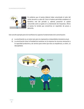 La	
  amortización	
  del	
  inmovilizado	
  
	
  
76	
  
	
  
	
  
	
  
Es	
   evidente	
   que	
   el	
   taxista	
   debería	
   haber	
   amortizado	
   el	
   valor	
   del	
  
coche	
  durante	
  su	
  vida	
  útil.	
  Esto	
  le	
  hubiera	
  permitido	
  establecer	
  el	
  
beneficio	
   real	
   del	
   período	
   y,	
   además	
   presentar	
   el	
   capital	
  
consumido	
  como	
  un	
  gasto	
  en	
  su	
  declaración	
  de	
  impuestos.	
  Ahora	
  
el	
   taxista	
   ha	
   tenido	
   que	
   convertirse	
   en	
   repartidor	
   de	
   pizzas	
   a	
  
domicilio.	
  
	
  
	
  
Este	
  sencillo	
  ejemplo	
  pone	
  de	
  manifiesto	
  los	
  aspectos	
  fundamentales	
  de	
  la	
  amortización:	
  	
  
	
  
a) La	
  amortización	
  es	
  un	
  coste	
  real,	
  pero	
  no	
  representa	
  un	
  desembolso	
  monetario	
  anual.	
  
b) La	
  amortización	
  tiene	
  la	
  finalidad	
  de	
  mantener	
  en	
  la	
  empresa	
  los	
  recursos	
  necesarios	
  y	
  
la	
  capacidad	
  productiva	
  y	
  de	
  servicio	
  para	
  evitar	
  que	
  ésta	
  se	
  empobrezca,	
  es	
  decir,	
  se	
  
descapitalice.	
  	
  
	
  
	
  
	
  
	
  
 