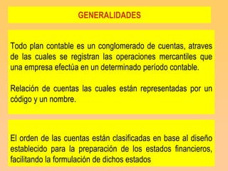 GENERALIDADES


Todo plan contable es un conglomerado de cuentas, atraves
de las cuales se registran las operaciones mercantiles que
una empresa efectúa en un determinado período contable.

Relación de cuentas las cuales están representadas por un
código y un nombre.



El orden de las cuentas están clasificadas en base al diseño
establecido para la preparación de los estados financieros,
facilitando la formulación de dichos estados
 