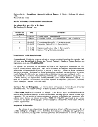 Rayburn Gayle. Contabilidad y Administración de Costos. 6a
Edición. Mc Graw-Hill. México,
1999.
Desarrollo del curso
Horario de clases (Durante todos los 3 encuentros)
Día sábado: 8:00 am a 12m y 2 a 6 pm.
Día Domingo: De 8 am a 1 pm.
Número de
Encuentro
Día Actividades
I 01-04-15 Examen Inicial, Clase Magistral
12-04-15 Exposicion Grupos 1 Y 2 Clase Magistral, Taller (Evaluado)
II 02-05-15 Exposiciones Grupos 3,4 y 5 y Conversatorio
03-05-15 Exposición Equipo 6,7y 8 y Conversatorio
III 16-05-15 Exposiciones Equipos 8,9 y 10 Conversatorio
17-05-15 Examen Final y Cierre de asignatura
Orientaciones sobre las actividades:
Examen Inicial. Al inicio del curso, se aplicará un examen individual, basado en los capítulos 1 y 2
del texto guía Contabilidad de Costos de Polimeni, Fabozzi y Adelberg. Tercera Edición, con
impresiones en el año 1995, 2004 y 2005.
Los tópicos a ser evaluados son los mismos incluidos en los “Objetivos de Aprendizaje” de cada
capítulo, presentados en las páginas 1 y 43, respectivamente. Por ejemplo, del primer objetivo de
aprendizaje, correspondiente al capítulo 1 (página 1) que dice “Diferenciar entre contabilidad
financiera, gerencial y de costos”; se deriva la siguiente pregunta y/o planteamiento en el examen
inicial: Explique las diferencias que existen entre contabilidad financiera, gerencial y de costo”.
Importante. En el momento del examen se permitirá que los participantes utilicen los apuntes que
en forma manual y con lapicero tinta azul haya tomado –CADA QUIEN INDIVIDUALMENTE. Es
decir, no se permitirá utilizar el libro, ni apuntes impresos a máquina o computadora, ni mucho
menos fotocopias. Solo los tomados a mano.
Ejercicios Para ser Entregados. Los mismos serán entregados de manera Grupal al final del
tercer encuentro. Ver sección “Entregas de Tarea” que se suministra más adelante.
Exposiciones: Deberán conformarse 10 equipos. Cada equipo tendrá la responsabilidad de
entregar a los demás participantes un tríptico y ejercicio(s) prácticos sobre el material incluido en la
exposición. En ese sentido, el equipo expositor se convierte en facilitador que conduce un taller
práctico sobre tópicos de interés expuestos. TODO EL EQUIPO supervisará a sus demás
compañeros (los de los demás equipos) en la realización de esta actividad. Ver Sección “Material
para las exposiciones”
Asignación de Ejercicios
La entrega de las asignaciones, deberá consignarse al final del Tercer encuentro. En tal
sentido, cada grupo entregará además del trabajo de investigación en físico y CD cuyo contenido
será de su exposición, los siguientes ejercicios (tomando en consideración el número Asignado).
5
 