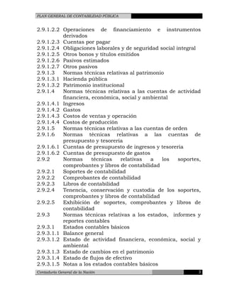 PLAN GENERAL DE CONTABILIDAD PÚBLICA
2.9.1.2.2 Operaciones de financiamiento e instrumentos
derivados
2.9.1.2.3 Cuentas por pagar
2.9.1.2.4 Obligaciones laborales y de seguridad social integral
2.9.1.2.5 Otros bonos y títulos emitidos
2.9.1.2.6 Pasivos estimados
2.9.1.2.7 Otros pasivos
2.9.1.3 Normas técnicas relativas al patrimonio
2.9.1.3.1 Hacienda pública
2.9.1.3.2 Patrimonio institucional
2.9.1.4 Normas técnicas relativas a las cuentas de actividad
financiera, económica, social y ambiental
2.9.1.4.1 Ingresos
2.9.1.4.2 Gastos
2.9.1.4.3 Costos de ventas y operación
2.9.1.4.4 Costos de producción
2.9.1.5 Normas técnicas relativas a las cuentas de orden
2.9.1.6 Normas técnicas relativas a las cuentas de
presupuesto y tesorería
2.9.1.6.1 Cuentas de presupuesto de ingresos y tesoreria
2.9.1.6.2 Cuentas de presupuesto de gastos
2.9.2 Normas técnicas relativas a los soportes,
comprobantes y libros de contabilidad
2.9.2.1 Soportes de contabilidad
2.9.2.2 Comprobantes de contabilidad
2.9.2.3 Libros de contabilidad
2.9.2.4 Tenencia, conservación y custodia de los soportes,
comprobantes y libros de contabilidad
2.9.2.5 Exhibición de soportes, comprobantes y libros de
contabilidad
2.9.3 Normas técnicas relativas a los estados, informes y
reportes contables
2.9.3.1 Estados contables básicos
2.9.3.1.1 Balance general
2.9.3.1.2 Estado de actividad financiera, económica, social y
ambiental
2.9.3.1.3 Estado de cambios en el patrimonio
2.9.3.1.4 Estado de flujos de efectivo
2.9.3.1.5 Notas a los estados contables básicos
Contaduría General de la Nación 3
 