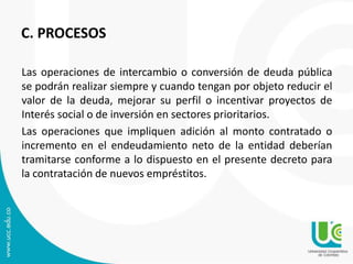C. PROCESOS 
Las operaciones de intercambio o conversión de deuda pública 
se podrán realizar siempre y cuando tengan por objeto reducir el 
valor de la deuda, mejorar su perfil o incentivar proyectos de 
Interés social o de inversión en sectores prioritarios. 
Las operaciones que impliquen adición al monto contratado o 
incremento en el endeudamiento neto de la entidad deberían 
tramitarse conforme a lo dispuesto en el presente decreto para 
la contratación de nuevos empréstitos. 
 