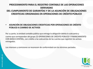 PROCEDIMIENTO PARA EL REGISTRO CONTABLE DE LAS OPERACIONES 
DERIVADAS 
DEL CUMPLIMIENTO DE GARANTÍAS Y DE LA ASUNCIÓN DE OBLIGACIONES 
CREDITICIAS ORIGINADAS EN OPERACIONES DE CRÉDITO PÚBLICO 
• ASUNCIÓN DE OBLIGACIONES CREDITICIAS POR OPERACIONES DE CRÉDITO 
PÚBLICO A CAMBIO DE ACTIVOS 
Por su parte, la entidad contable pública que entrega la obligación debita la subcuenta y 
cuenta que correspondan del grupo 22-OPERACIONES DE CRÉDITO PÚBLICO Y FINANCIAMIENTO 
CON BANCA CENTRAL, con crédito a las subcuentas de las cuentas que registren los activos 
entregados. 
Los intereses y comisiones se reconocen de conformidad con los términos pactados. 
