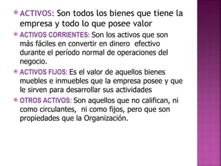  ACTIVOS:  Son todos los bienes que tiene la
    empresa y todo lo que posee valor
 ACTIVOS CORRIENTES: Son los activos que son
  más fáciles en convertir en dinero efectivo
  durante el período normal de operaciones del
  negocio.
 ACTIVOS FIJOS: Es el valor de aquellos bienes
  muebles e inmuebles que la empresa posee y que
  le sirven para desarrollar sus actividades
 OTROS ACTIVOS: Son aquellos que no califican, ni
  como circulantes, ni como fijos, pero que son
  propiedades que la Organización.
 