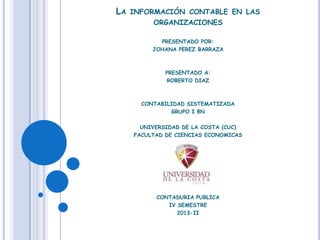 LA INFORMACIÓN CONTABLE EN LAS
ORGANIZACIONES
PRESENTADO POR:
JOHANA PEREZ BARRAZA
PRESENTADO A:
ROBERTO DIAZ
CONTABILIDAD SISTEMATIZADA
GRUPO I BN
UNIVERSIDAD DE LA COSTA (CUC)
FACULTAD DE CIENCIAS ECONOMICAS
CONTADURIA PUBLICA
IV SEMESTRE
2013-II
 