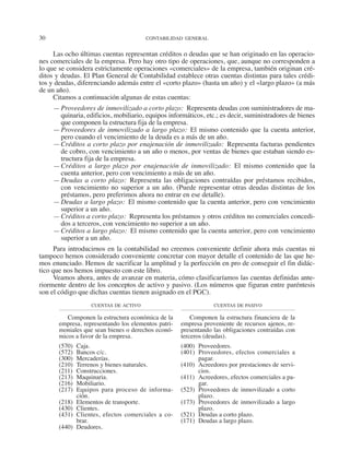 30	 CONTABILIDAD GENERAL
Las ocho últimas cuentas representan créditos o deudas que se han originado en las operacio-
nes comerciales de la empresa. Pero hay otro tipo de operaciones, que, aunque no corresponden a
lo que se considera estrictamente operaciones «comerciales» de la empresa, también originan cré-
ditos y deudas. El Plan General de Contabilidad establece otras cuentas distintas para tales crédi-
tos y deudas, diferenciando además entre el «corto plazo» (hasta un año) y el «largo plazo» (a más
de un año).
Citamos a continuación algunas de estas cuentas:
—	Proveedores de inmovilizado a corto plazo:  Representa deudas con suministradores de ma-
quinaria, edificios, mobiliario, equipos informáticos, etc.; es decir, suministradores de bienes
que componen la estructura fija de la empresa.
—	Proveedores de inmovilizado a largo plazo: El mismo contenido que la cuenta anterior,
pero cuando el vencimiento de la deuda es a más de un año.
—	Créditos a corto plazo por enajenación de inmovilizado:  Representa facturas pendientes
de cobro, con vencimiento a un año o menos, por ventas de bienes que estaban siendo es-
tructura fija de la empresa.
—	Créditos a largo plazo por enajenación de inmovilizado: El mismo contenido que la
cuenta anterior, pero con vencimiento a más de un año.
—	Deudas a corto plazo: Representa las obligaciones contraídas por préstamos recibidos,
con vencimiento no superior a un año. (Puede representar otras deudas distintas de los
préstamos, pero preferimos ahora no entrar en ese detalle).
—	Deudas a largo plazo:  El mismo contenido que la cuenta anterior, pero con vencimiento
superior a un año.
—	Créditos a corto plazo:  Representa los préstamos y otros créditos no comerciales concedi-
dos a terceros, con vencimiento no superior a un año.
—	Créditos a largo plazo:  El mismo contenido que la cuenta anterior, pero con vencimiento
superior a un año.
Para introducirnos en la contabilidad no creemos conveniente definir ahora más cuentas ni
tampoco hemos considerado conveniente concretar con mayor detalle el contenido de las que he-
mos enunciado. Hemos de sacrificar la amplitud y la perfección en pro de conseguir el fin didác-
tico que nos hemos impuesto con este libro.
Veamos ahora, antes de avanzar en materia, cómo clasificaríamos las cuentas definidas ante-
riormente dentro de los conceptos de activo y pasivo. (Los números que figuran entre paréntesis
son el código que dichas cuentas tienen asignado en el PGC).
cuentas de activo
Componen la estructura económica de la
empresa, representando los elementos patri-
moniales que sean bienes o derechos econó-
micos a favor de la empresa.
(570)	Caja.
(572)	 Bancos c/c.
(300)	Mercaderías.
(210)	 Terrenos y bienes naturales.
(211)	Construcciones.
(213)	Maquinaria.
(216)	Mobiliario.
(217)	 Equipos para proceso de informa-
ción.
(218)	 Elementos de transporte.
(430)	Clientes.
(431)	 Clientes, efectos comerciales a co-
brar.
(440)	Deudores.
cuentas de pasivo
Componen la estructura financiera de la
empresa proveniente de recursos ajenos, re-
presentando las obligaciones contraídas con
terceros (deudas).
(400)	Proveedores.
(401)	 Proveedores, efectos comerciales a
pagar.
(410)	 Acreedores por prestaciones de servi­
cios.
(411)	 Acreedores, efectos comerciales a pa­
gar.
(523)	 Proveedores de inmovilizado a cor­
to
plazo.
(173)	 Proveedores de inmovilizado a largo
plazo.
(521)	 Deudas a corto plazo.
(171)	 Deudas a largo plazo.
2013 Contabilidad General.indd 30 17/05/17 10:01
 