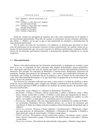 EL PATRIMONIO	 31
cuentas de activo
(441)	 Deudores, efectos comerciales a co-
brar.
(543)	 Créditos a corto plazo por enajena­
ción del inmovilizado.
(253)	 Créditos a largo plazo por enajena­
ción del inmovilizado.
(542)	 Créditos a corto plazo.
(252)	 Créditos a largo plazo.
cuentas de pasivo
Serán las cuentas las encargadas de registrar, día a día, como explicaremos en el ca­
pí­
tu­
lo 4,
los movimientos patrimoniales. Para ello, las cuentas se estructuran con dos columnas, denomina-
das «Debe» y «Haber», en las que se que se irán registrando los aumentos y disminuciones de
cada elemento patrimonial.
Por lo tanto, así como los inventarios y los balances se utilizan para presentar la situa-
ción del patrimonio en un momento concreto (estática patrimonial), las cuentas tienen un es-
quema de funcionamiento que sirve para registrar la dinámica patrimonial; cualquier modifi-
cación de un elemento patrimonial (aumento o disminución) quedará reflejado en la cuenta
respectiva.
2.4.  Masa patrimonial
Hemos visto anteriormente que los elementos patrimoniales se reagrupan en «cuentas»; pero
éstas, a su vez, se reagrupan en unos conceptos más amplios denominados «masas patrimonia-
les», abarcando cada masa una serie de cuentas que tienen la misma funcionalidad económica o
financiera. Por ejemplo, los conceptos de Mobiliario, Construcciones, Maquinaria, Elementos de
transporte, Equipos para procesos de información..., son cuentas que comprenden elementos pa-
trimoniales que forman la estructura fija de la empresa y que no tienen un fin especulativo de
venta. Esta funcionalidad homogénea es la que determina su agrupación en la misma masa patri-
monial: Activo no corriente.
Son diversos los conceptos utilizados por unos y otros autores a la hora de clasificar y deno-
minar las masas patrimoniales, pero, aunque más adelante comentaremos la clasificación o agru-
pación en masas que hace el PGC al establecer los modelos de cuentas anuales, de momento hare-
mos esta clasificación:
—	Disponible:  Caja + Bancos c/c. (Algunos la denominan «Tesorería»).
—	Realizable:  Clientes + Clientes, efectos comerciales a cobrar + Deudores varios + Deu-
dores, efectos comerciales a cobrar + Créditos a corto plazo por enajenación de inmovi-
lizado + Créditos a corto plazo. (Obsérvese que sólo hemos incluido los créditos «a corto
plazo»; los créditos «a largo plazo» se consideran activo no corriente.)
—	Existencias:  Mercaderías. (En esta masa patrimonial se incluirían las cuentas de Produc-
tos terminados, Embalajes, Envases, Materias primas, etc.; es decir, los elementos que
constituyen el objeto de compra-venta de la empresa o bien forman parte del producto que se
elabora.)
—	Activo no corriente:  Terrenos y bienes naturales + Construcciones + Maquinaria + Equi-
pos para procesos de información + Mobiliario + Elementos de transporte + Créditos a
largo plazo por venta de inmovilizado + Créditos a largo plazo.
—	Pasivo corriente:  Proveedores, efectos comerciales a pagar + Acreedores varios + Acree-
dores, efectos comerciales a pagar + Proveedores de inmovilizado a corto plazo + Deudas
a corto plazo.
—	Pasivo no corriente:  Proveedores de inmovilizado a largo plazo + Deudas a largo plazo.
2013 Contabilidad General.indd 31 17/05/17 10:01
 