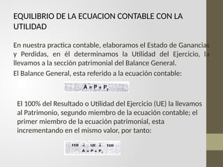 EQUILIBRIO DE LA ECUACION CONTABLE CON LA
UTILIDAD
En nuestra practica contable, elaboramos el Estado de Ganancias
y Perdidas, en él determinamos la Utilidad del Ejercicio, la
llevamos a la sección patrimonial del Balance General.
El Balance General, esta referido a la ecuación contable:
El 100% del Resultado o Utilidad del Ejercicio (UE) la llevamos
al Patrimonio, segundo miembro de la ecuación contable; el
primer miembro de la ecuación patrimonial, esta
incrementando en el mismo valor, por tanto:
 