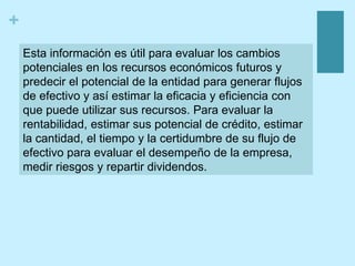 +
Esta información es útil para evaluar los cambios
potenciales en los recursos económicos futuros y
predecir el potencial de la entidad para generar flujos
de efectivo y así estimar la eficacia y eficiencia con
que puede utilizar sus recursos. Para evaluar la
rentabilidad, estimar sus potencial de crédito, estimar
la cantidad, el tiempo y la certidumbre de su flujo de
efectivo para evaluar el desempeño de la empresa,
medir riesgos y repartir dividendos.
 