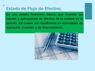 +
Estado de Flujo de Efectivo.
Es una estado financiero básico que muestra las
fuentes y aplicaciones de efectivo de la entidad en el
periodo, las cuales son clasificadas en actividades de
operación, inversión y de financiamiento..
 