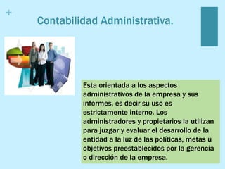 +
Contabilidad Administrativa.
Esta orientada a los aspectos
administrativos de la empresa y sus
informes, es decir su uso es
estrictamente interno. Los
administradores y propietarios la utilizan
para juzgar y evaluar el desarrollo de la
entidad a la luz de las políticas, metas u
objetivos preestablecidos por la gerencia
o dirección de la empresa.
 