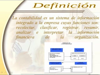 La contabilidad es un sistema de información
integrado a la empresa cuyas funciones son:
recolectar, clasificar, registrar, resumir,
analizar e interpretar la información
financiera de la organización.
 