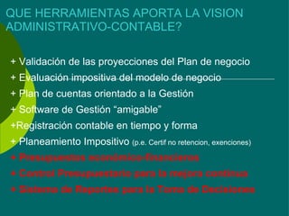 QUE HERRAMIENTAS APORTA LA VISION ADMINISTRATIVO-CONTABLE? + Validación de las proyecciones del Plan de negocio + Evaluación impositiva del modelo de negocio + Plan de cuentas orientado a la Gestión + Software de Gestión “amigable” +Registración contable en tiempo y forma + Planeamiento Impositivo  (p.e. Certif no retencion, exenciones) + Presupuestos económico-financieros  + Control Presupuestario para la mejora continua + Sistema de Reportes para la Toma de Decisiones 