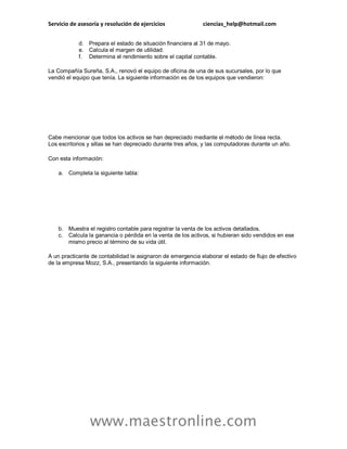 Servicio de asesoría y resolución de ejercicios ciencias_help@hotmail.com
www.maestronline.com
d. Prepara el estado de situación financiera al 31 de mayo.
e. Calcula el margen de utilidad.
f. Determina el rendimiento sobre el capital contable.
La Compañía Sureña, S.A., renovó el equipo de oficina de una de sus sucursales, por lo que
vendió el equipo que tenía. La siguiente información es de los equipos que vendieron:
Cabe mencionar que todos los activos se han depreciado mediante el método de línea recta.
Los escritorios y sillas se han depreciado durante tres años, y las computadoras durante un año.
Con esta información:
a. Completa la siguiente tabla:
b. Muestra el registro contable para registrar la venta de los activos detallados.
c. Calcula la ganancia o pérdida en la venta de los activos, si hubieran sido vendidos en ese
mismo precio al término de su vida útil.
A un practicante de contabilidad le asignaron de emergencia elaborar el estado de flujo de efectivo
de la empresa Mozz, S.A., presentando la siguiente información.
 