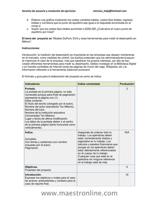 Servicio de asesoría y resolución de ejercicios ciencias_help@hotmail.com
www.maestronline.com
b. Elabora una gráfica mostrando los costos variables totales, costos fijos totales, ingresos
totales y corrobora que el punto de equilibrio sea igual a la respuesta encontrada en el
inciso a.
c. Supón que los costos fijos totales aumentan a $350,000 ¿Cuál sería el nuevo punto de
equilibrio por línea?
El tema del proyecto es “Modelo DuPont, EVA y otras herramientas para medir el desempeño en
México”.
Instrucciones:
Introducción: la medición del desempeño es importante en las empresas que desean mantenerse
en el mercado, como medidas de control, los dueños pretenden que los administradores busquen
el maximizar el valor de la empresa, más que satisfacer los propios intereses, por ello se han
creado diferentes herramientas para medir su desempeño. Debes investigar en la Biblioteca Digital
y en fuentes confiables de Internet (evita las páginas de rincón del vago, Wikipedia, etc.) la
información referente a la herramienta balanced scorecard.
El formato y guía para la elaboración del proyecto es como se indica:
Indicadores Índice comentado Puntuación
Portada.
La portada es la primera página, no esta
numerada aunque para fines de paginación
representa la página uno (1).
Debe contener:
El título del escrito (otorgado por el autor).
Nombre del autor (estudiante Tec Milenio).
Nombre del tutor.
Nombre de la institución educativa
(Universidad Tec Milenio).
Lugar y fecha de última modificación.
Los datos de la portada deben ir al centro
de la primera página (tanto horizontal como
verticalmente).
3
Índice.
Completo.
Con temas y subtemas (con nombre
impuesto por el autor).
Paginación.
Asegúrate de ordenar bien tu
trabajo. Los apéndices deben
estar correctamente citados y
paginados en tu trabajo. Los
cálculos y estados financieros que
pongas en los apéndices deben
estar debidamente referenciados
en el cuerpo de tu trabajo.
Cualquier cosa que esté en el
apéndice sin ninguna referencia
en el trabajo está de más.
N/A
Objetivos.
Propósito del proyecto.
5
Introducción.
Expresar los objetivos o metas para el caso
de avance; antecedentes y contexto para el
caso de reporte final.
15
 