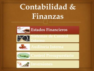 🙢
Contabilidad &
Finanzas
Estados Financieros
Sistemas de Control
Interno
Auditoría Interna
Control Presupuestario
Inversiones
 