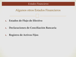 🙢
1. Estados de Flujo de Efectivo
1. Declaraciones de Conciliación Bancaria
1. Registro de Activos Fijos
Algunos otros Estados Financieros
Estados Financieros
 