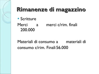 Rimanenze di magazzino <ul><li>Scritture </li></ul><ul><li>Merci a merci c/rim. finali 200.000 </li></ul><ul><li>Materiali...
