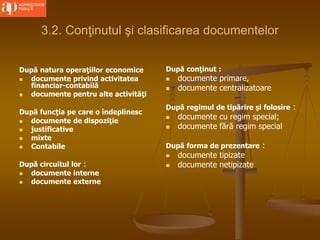 3.2. Conţinutul şi clasificarea documentelor
După natura operaţiilor economice
 documente privind activitatea
financiar-contabilă
 documente pentru alte activităţi
După funcţia pe care o îndeplinesc
 documente de dispoziţie
 justificative
 mixte
 Contabile
După circuitul lor :
 documente interne
 documente externe
După conţinut :
 documente primare,
 documente centralizatoare
După regimul de tipărire şi folosire :
 documente cu regim special;
 documente fără regim special
După forma de prezentare :
 documente tipizate
 documente netipizate
 