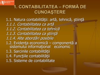 1. CONTABILITATEA – FORMĂ DE
CUNOAŞTERE
1.1. Natura contabilităţii: artă, tehnică, ştiinţă
1.1.1. Contabilitatea ca artă
1.1.2. Contabilitatea ca tehnică
1.1.3. Contabilitatea ca ştiinţă
1.1.4. Alte abordări posibile
1.2. Evidenţa economică – componentă a
sistemului informaţional economic
1.3. Sarcinile contabilităţii
1.4. Funcţiile contabilităţii
1.5. Sisteme de contabilitate
 
