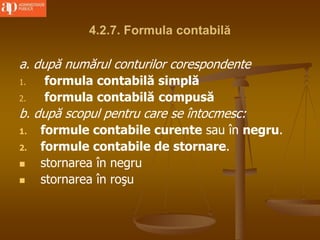 4.2.7. Formula contabilă
a. după numărul conturilor corespondente
1. formula contabilă simplă
2. formula contabilă compusă
b. după scopul pentru care se întocmesc:
1. formule contabile curente sau în negru.
2. formule contabile de stornare.
 stornarea în negru
 stornarea în roşu
 