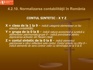 4.2.10. Normalizarea contabilităţii în România
CONTUL SINTETIC : X Y Z
X = clasa de la 1 la 9 – indică categoria elementelor ce fac
obiectul contabilităţii;
Y = grupa de la 0 la 8 – indică natura economică şi juridică a
elementelor patrimoniale;grupa 9 – indică provizioane pentru
deprecierea activelor din fiecare clasă;
Z = contul sintetic de la 0 la 8 – indică elementul
patrimonial a cărui reflectare este contul. Contul sintetic cu cifra 9 –
indică elemente de sens contrar celor cu terminaţia de la 0 la 8.
 
