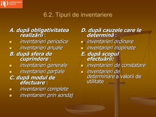 6.2. Tipuri de inventariere
A. după obligativitatea
realizării :
 inventarieri periodice
 inventarieri anuale
B. după sfera de
cuprindere :
 inventarieri generale
 inventarieri parţiale
C. după modul de
efectuare :
 inventarieri complete
 inventarieri prin sondaj
D. după cauzele care le
determină :
 inventarieri ordinare
 inventarieri inopinate
E. după scopul
efectuării:
 inventarieri de constatare
 inventarieri de
determinare a valorii de
utilitate
 