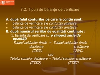 7.2. Tipuri de balanţe de verificare
A. după felul conturilor pe care le conţin sunt:
 balanţe de verificare ale conturilor sintetice
 balanţe de verificare ale conturilor analitice
B. după numărul seriilor de egalităţi conţinute :
1. balanţa de verificare cu o singură serie de
egalităţi
Totalul soldurilor finale = Totalul soldurilor finale
debitoare creditoare
(∑SfD) (∑SfC)
sau
Totalul sumelor debitoare = Totalul sumelor creditoare
(∑TSD) (∑TSC)
 