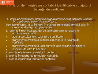 7.4. Erori de înregistrare contabilă identificabile cu ajutorul
balanţei de verificare
A . erori de înregistrare contabilă care determină lipsa egalităţii valorice
între coloanele balanţei de verificare;
Sunt identificabile şi se înlătură în ordinea cronologică inversă celei în
care s-au desfăşurat operaţiunile
1. erori la întocmirea balanţei de verificare care pot apare în
următoarele situaţii:
 adunarea coloanelor balanţei de verificare;
 transcrierea eronată a sumelor din conturi în balanţa de
verificare;
 transcrierea eronată a unor sume în alte coloane ale balanţei
 inversări de cifre la adunare.
2. erori la efectuarea calculelor în conturi
3. erori la înregistrarea formulelor contabile
4. erori la întocmirea formulelor contabile
 