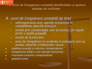 7.4. Erori de înregistrare contabilă identificabile cu ajutorul
balanţei de verificare
B . erori de înregistrare contabilă de fond
1. neînregistrarea unor operaţii economice în
contabilitate datorită omisiunii.
2. erorile prin compensaţie care se produc, de regulă
printr-o dublă greşeală
3. erorile de transcriere
4. erori de înregistrare în evidenţa cronologică care se
produc datorită următoarelor cauze:
 stabilirea eronată a conturilor corespondente;
 înregistrarea dublă a unor operaţii economice;
 inversarea conturilor corespondente;
 greşirea sumei.
 