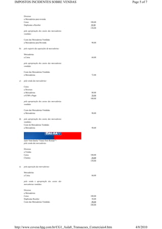 IMPOSTOS INCIDENTES SOBRE VENDAS                                    Page 5 of 7



        Diversos
        a Mercadorias para revenda
        Caixa                                          100,00
        Duplicatas a Receber                           50.00
                                                       150,00
        pela apropriação dos custos das mercadorias
        vendidas:

        Custo das Mercadorias Vendidas
        a Mercadorias para Revenda                      90,00

   b)   pelo registro das aquisições de mercadorias:

        Mercadorias
        a Caixa                                         60,00


        pela apropriação dos custos das mercadorias
        vendidas

        Custo das Mercadorias Vendidas
        a Mercadorias                                   72,00

   c)   pela venda das mercadorias:


        Caixa
        a Diversos
        a Mercadorias                                   80,00
        a ICMS a Pagar                                  20,00
                                                       100,00
        pela apropriação dos custos das mercadorias
        vendidas

        Custo das Mercadorias Vendidas
        a Mercadorias                                   90,00

   d)   pela apropriação dos custos das mercadorias
        vendidas:
        Custo de Mercadorias Vendidas
        a Mercadorias                                   90,00




        style='font-family:"Times New Roman"'>
        pela venda das mercadorias

        Diversos
        a Vendas
        Caixa                                          100,00
        Clientes                                        50,00
                                                       150,00

   e)   pela aquisição das mercadorias:

        Mercadorias
        a Caixa                                         60,00

        pela venda e apropriação dos custos das
        mercadorias vendidas:

        Diversos
        a Mercadorias
        Caixa                                          100,00
        Duplicatas Receber                              50,00
        Custo das Mercadorias Vendidas                  90,00
                                                       240,00




http://www.covesa.hpg.com.br/CG1_Aula8_Transacoes_Comerciais4.htm     4/8/2010
 