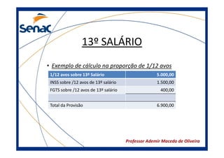 13º SALÁRIO
• Exemplo de cálculo na proporção de 1/12 avos
1/12 avos sobre 13º Salário

5.000,00

INSS sobre /12 avos de 13º salário

1.500,00

FGTS sobre /12 avos de 13º salário

400,00

Total da Provisão

6.900,00

Professor Ademir Macedo de Oliveira

 