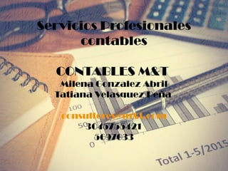 Servicios Profesionales
contables
CONTABLES M&T
Milena Gonzalez Abril
Tatiana Velasquez Peña
consultores@m&t.com
3045755421
5697033
 