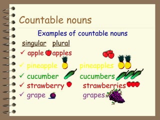 Countable nouns
Examples of countable nouns
singular plural
 apple apples
 pineapple pineapples
 cucumber cucumbers
 strawberry strawberries
 grape grapes
 