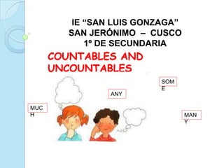 IE “SAN LUIS GONZAGA”  SAN JERÓNIMO  –  CUSCO 1º DE SECUNDARIA COUNTABLES AND UNCOUNTABLES  SOME ANY MUCH MANY 