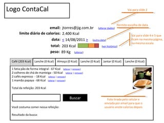 email: Logo ContaCal limite diário de calorias: jtorres@jig.com.br  ( alterar dados ) 2.400 Kcal 1 fatia pão de forma inte...