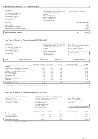 AEEEEEEEEEEEEEEEEEEEEEEEEEEEEEEEEEEEEEEEEEEEEEEEEEEEEEEEEEEB
  Documento Financeiro Nº 00110491 / 032012
CEEEEEEEEEEEEEEEEEEEEEEEEEEEEEEEEEEEEEEEEEEEEEEEEEEEEEEEEEED
                                                                        VILELA SOUZA COMUNICACAO E PUBLICIDADE LTDA ME Data de Emissão: 20/03/2012
   AMERICEL S/A
   Rua 11, 250 Setor Central                                            PLANO SOB MEDIDA MICRO - CLARO FLEX - GO       Período: 20/02/2012 à 19/03/2012
   CEP 74465 - 539 - Goiania - GO                                       Rua CONDE AFONSO CELSO 903
   CNPJ 01.685.903/0006-20                                              VILA UNIAO
   Inscrição Estadual: 10.297008-4                                      75025 - 030 ANÁPOLIS GO
   Atendimento Claro: 1052                                              CPF/CNPJ: 03.086.310/0001-69
   www.claro.com.br                                                     Nº da Conta: 848445923
                                                                        Nº do Cliente: 641441738

  Descrição                                                                                                                                    Valor Cobrado (R$)
  Juros e Multa                                                                                                                                                 9,25
  Parcelamento de Aparelho                                                                                                                                      5,08
  Gestor Online - Controle Completo                                                                                                                            19,60
AEEEEEEEEEEEEEEEEEEEEEEEEEEEEEEEEEEEEEEEEEEEEEEEEEEEEEEEEE EB
                                                          E
F Valor Total dos Serviços                         R$   33,93 F
CEEEEEEEEEEEEEEEEEEEEEEEEEEEEEEEEEEEEEEEEEEEEEEEEEEEEEEEEE
                                                        EEED

   Nota Fiscal de Serviços de Telecomunicações N° 00147365/ 032012

                                                                                                                     Modelo: 22 Serie B2 Via Única
                                                                        VILELA SOUZA COMUNICACAO E PUBLICIDADE LTDA ME
   AMERICEL S/A
   Rua 11, 250 Setor Central                                            PLANO SOB MEDIDA MICRO - CLARO FLEX - GO     Regime Especial Processo TARE016/2000GSF
   CEP 74465 - 539 - Goiania - GO                                       Rua CONDE AFONSO CELSO 903                   Data de Emissão: 20/03/2012
   CNPJ 01.685.903/0006-20                                              VILA UNIAO                                   Período: 20/02/2012 à 19/03/2012
   Inscrição Estadual: 10.297008-4                                      75025 - 030 ANÁPOLIS GO                      CFOP: 5307
   Atendimento Claro: 1052                                                    AEEEEEEEEEEEEEE
                                                                        CPF/CNPJ: 03.086.310/0001-69             EB
   www.claro.com.br                                                           Ft
                                                                        Nº da Conta: 848445923
                                                                                                                  Ft      Reservado ao Fisco:
                                                                                                                          9815.7f77.d1e9.5078.64e2.6b7d.6dcf.5bf6
                                                                              CEEEEEEEEEEEEEED
                                                                        Nº do Cliente: 641441738


AEEEEEEEEEEEEEEEEEEEEEEEEEEEEEEEEEEEEEEEEEEEEEEEEEEEEEEEEEEB
F                                                                                                                 F
  ICMS     Base de Cálculo (R$): 204,14 Aliquota (%): 29,00 Valor (R$): 59,20      Isento/Não Tributável (R$): -

CEEEEEEEEEEEEEEEEEEEEEEEEEEEEEEEEEEEEEEEEEEEEEEEEEEEEEEEEEED
                                                   Base de Cálculo (R$) ICMS       Aliquota (%)       Valor (R$)     Isento/Não Tributável (R$)             Valor (R$)
   Serviços
   Consumo Min. Compartilhado - Sob Medida                             150,00             29,00           43,50                                -              150,00
     Desconto Consumo Min. Compartilhado - Sob Medida                  -83,81             29,00          -24,30                                -              -83,81
   Assinatura Plano Sob Medida em Reais                                 32,00             29,00            9,28                                -               32,00
   Pacote 100 Torpedos                                                  21,80             29,00            6,32                                -               21,80
   Serviço Claro DDD Nac                                                44,85             29,00           13,01                                -               44,85
   Serviço Tarifa Zero                                                  12,00             29,00            3,48                                -               12,00
   Ligações para celulares de outras operadoras                         19,00             29,00            5,51                                -               19,00
   Ligações para telefones fixos                                         8,04             29,00            2,33                                -                8,04
   Dados (MB)                                                            0,26             29,00            0,07                                -                0,26

AEEEEEEEEEEEEEEEEEEEEEEEEEEEEEEEEEEEEEEEEEEEEEEEEEEEEEEEEEEB
  Valor Total da Nota Fiscal                                                      204,14           59,20 - 204,14
CEEEEEEEEEEEEEEEEEEEEEEEEEEEEEEEEEEEEEEEEEEEEEEEEEEEEEEEEEED
  Contribuição para o FUST (1%) e FUNTTEL (0,5%) do valor dos serviços - não repassados às tarifas




   Nota Fiscal de Serviços de Telecomunicações N° 00015755 / 032012


   EMPRESA BRASILEIRA DE TELECOMUNICAÇÕES S A           VILELA SOUZA COMUNICACAO E PUBLICIDADE LTDA ME                   Modelo: 22 Serie A7B Via Única
   Rua Dois -00000139 -139                              PLANO SOB MEDIDA MICRO - CLARO FLEX - GO                         Regime Especial Processo
   CEP 74013 - 020 - Goiania - GO                       Rua CONDE AFONSO CELSO 903                                       Data de Emissão: 20/03/2012
   CNPJ 33.530.486/0013-62                              VILA UNIAO                                                       Período: 20/02/2012 à 19/03/2012
   Inscrição Estadual: 100151639                        75025 - 030 ANÁPOLIS GO                                          CFOP: 5307
                                                        CPF/CNPJ: 03.086.310/0001-69                                    AEEEEEEEEEEEEEEB
                                                                                                                        Ft9ca2.11f3.6e2b.907c.ac29.6458.1a9f.75af Ft
                                                                                                                          Reservado ao Fisco:
                                                        Nº da Conta: 848445923
                                                        Nº do Cliente: 641441738
                                                                                                                        CEEEEEEEEEEEEEED
                                                   Base de Cálculo (R$) ICMS       Aliquota (%)       Valor (R$)     Isento/Não Tributável (R$)             Valor (R$)
   Serviços
   Serviço Claro DDD Nac                                               44,85           29,00             13,01                             -                   44,85
   Ligações Interurbanas                                              117,91           29,00             34,19                             -                  117,91

AEEEEEEEEEEEEEEEEEEEEEEEEEEEEEEEEEEEEEEEEEEEEEEEEEEEEEEEEEEB
  Valor Total da Nota Fiscal                                                     162,76            47,20 - 162,76
CEEEEEEEEEEEEEEEEEEEEEEEEEEEEEEEEEEEEEEEEEEEEEEEEEEEEEEEEEED
  Contribuição para o FUST (1%) e FUNTTEL (0,5%) do valor dos serviços - não repassados às tarifas




                                                                                                                                                       Pág.     4/       4
 