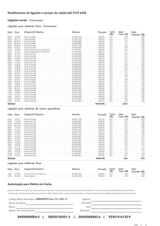 Detalhamento de ligações e serviços do celular (62) 9127 6355

Ligações Locais              (Continuação)

Ligações para celulares Claro (Continuação)

Data    Hora         Origem(UF)-Destino                                                Número                              Duração        Tarifa      Valor             Valor
                                                                                                                                          (R$)        Total (R$)        Cobrado (R$)
06/03   19:52:26     Goiás-Goias(62)                                                   62-9303-7024                        00:00:48       0,31                 0,24                 0,00
06/03   20:41:12     Goiás-Goias(62)                                                   62-9303-7024                        00:00:30       0,31                 0,15                 0,00
07/03   08:35:10     Goiás-Goias(62)                                                   62-9302-0089                        00:00:30       0,31                 0,15                 0,00
07/03   08:36:53     Goiás-Goias(62)                                                   62-9302-0089                        00:03:42       0,31                 1,14                 0,00
07/03   09:08:13     Goiás-Goiás (62)                                                  62-9957-7234                        00:00:30       0,31                 0,15                 0,00
07/03   10:43:27     Goiás-Goiás (62)                                                  62-9234-6078                        00:01:06       0,31                 0,34                 0,00
07/03   15:28:59     Distrito Federal-Distrito Federal (61)                            61-9164-2351                        00:00:30       0,31                 0,15                 0,00
07/03   16:16:16     Distrito Federal-Distrito Federal (61)                            61-9164-2351                        00:05:12       0,31                 1,61                 0,00
09/03   14:16:19     Goiás-Goiás (62)                                                  62-9355-8290                        00:03:06       0,31                 0,96                 0,00
09/03   14:23:18     Goiás-Goiás (62)                                                  62-9355-8290                        00:00:30       0,31                 0,15                 0,00
09/03   14:26:09     Goiás-Goiás (62)                                                  62-9245-5608                        00:01:00       0,31                 0,31                 0,00
09/03   17:03:20     Goiás-Goiás (62)                                                  62-9355-8290                        00:00:36       0,31                 0,18                 0,00
09/03   17:49:07     Goiás-Goiás (62)                                                  62-9355-8290                        00:00:30       0,31                 0,15                 0,00
12/03   14:30:10     Goiás-Goiás (62)                                                  62-9208-0203                        00:01:36       0,31                 0,49                 0,00
12/03   14:38:04     Goiás-Goiás (62)                                                  62-9208-0203                        00:00:30       0,31                 0,15                 0,00
12/03   15:08:40     Goiás-Goiás (62)                                                  62-9208-0203                        00:01:24       0,31                 0,43                 0,00
12/03   16:16:29     Goiás-Goiás (62)                                                  62-9245-5608                        00:00:54       0,31                 0,27                 0,00
12/03   16:31:52     Goiás-Goiás (62)                                                  62-9245-5608                        00:01:00       0,31                 0,31                 0,00
13/03   10:00:19     Goiás-Goiás (62)                                                  62-9208-0203                        00:01:30       0,31                 0,46                 0,00
14/03   16:40:22     Goiás-Goiás (62)                                                  62-9208-0203                        00:02:18       0,31                 0,71                 0,00
15/03   16:46:11     Goiás-Goias(62)                                                   62-9303-7024                        00:03:30       0,31                 1,08                 0,00
16/03   08:39:54     Goiás-Goias(62)                                                   62-9303-7024                        00:01:30       0,31                 0,46                 0,00
16/03   15:08:56     Goiás-Goiás (62)                                                  62-9293-9442                        00:00:42       0,31                 0,21                 0,00
16/03   16:36:54     Goiás-Goiás (62)                                                  62-9293-9442                        00:00:30       0,31                 0,15                 0,00
17/03   08:59:41     Goiás-Goiás (62)                                                  62-9208-0203                        00:00:30       0,31                 0,15                 0,00
17/03   18:58:19     Goiás-Goiás (62)                                                  62-9214-4463                        00:04:00       0,31                 1,24                 0,00
17/03   19:03:03     Goiás-Goiás (62)                                                  62-9273-1838                        00:00:42       0,31                 0,21                 0,00
17/03   21:43:14     Goiás-Goiás (62)                                                  62-9245-5608                        00:00:48       0,31                 0,24                 0,00
18/03   10:52:15     Goiás-Goiás (62)                                                  62-9355-8290                        00:00:42       0,31                 0,21                 0,00
18/03   10:53:24     Goiás-Goiás (62)                                                  62-9214-4463                        00:00:48       0,31                 0,24                 0,00
19/03   16:33:47     Goiás-Goiás (62)                                                  62-9107-8818                        00:01:00       0,31                 0,31                 0,00
Subtotal                                                                                                              107min42s                             32,91                       -

Ligações para celulares de outras operadoras

Data    Hora         Origem(UF)-Destino                                                Número                              Duração        Tarifa      Valor             Valor
                                                                                                                                          (R$)        Total (R$)        Cobrado (R$)
22/02   12:25:51     Goiás-Goiás (62)                                                  62-9991-1395                        00:01:54       0,31                 0,58                 0,00
24/02   11:24:50     Goiás-Goias (62)                                                  62-8595-8594                        00:00:30       0,31                 0,15                 0,00
27/02   09:02:53     Goiás-Goiás (62)                                                  62-8406-3424                        00:00:30       0,31                 0,15                 0,00
02/03   09:15:58     Goiás-Goias (62)                                                  62-7813-4267                        00:00:42       0,31                 0,21                 0,00
03/03   11:01:02     Goiás-Goiás (62)                                                  62-9628-4934                        00:00:30       0,31                 0,15                 0,00
05/03   12:23:31     Goiás-Goias (62)                                                  62-7813-4267                        00:00:36       0,31                 0,18                 0,00
05/03   12:29:03     Goiás-Goiás (62)                                                  62-8435-1691                        00:01:48       0,31                 0,55                 0,00
08/03   16:23:35     Goiás-Goiás (62)                                                  62-9991-1395                        00:03:06       0,31                 0,96                 0,00
08/03   16:29:45     Goiás-Goiás (62)                                                  62-9629-8051                        00:00:30       0,31                 0,15                 0,15
08/03   16:32:05     Goiás-Goiás (62)                                                  62-9629-8051                        00:00:30       0,31                 0,15                 0,15
08/03   16:32:41     Goiás-Goiás (62)                                                  62-9629-8051                        00:00:30       0,31                 0,15                 0,00
09/03   13:22:33     Goiás-Goiás (62)                                                  62-9629-8051                        00:00:54       0,31                 0,27                 0,27
09/03   16:34:49     Goiás-Goiás (62)                                                  62-9629-8051                        00:00:30       0,31                 0,15                 0,15
12/03   12:11:31     Goiás-Goiás (62)                                                  62-9277-0700                        00:03:42       0,31                 1,14                 1,14
12/03   13:30:35     Goiás-Goiás (62)                                                  62-8118-3767                        00:00:54       0,31                 0,27                 0,27
12/03   14:32:30     Goiás-Goiás (62)                                                  62-9974-8023                        00:03:36       0,31                 1,11                 1,11
16/03   15:18:22     Goiás-Goiás (62)                                                  62-9629-8051                        00:00:36       0,31                 0,18                 0,18
16/03   16:02:31     Goiás-Goiás (62)                                                  62-9629-8051                        00:01:00       0,31                 0,31                 0,31
Subtotal                                                                                                                22min18s                              6,81                 3,73

Ligações para telefones fixos

Data    Hora         Origem(UF)-Destino                                                Número                              Duração        Tarifa      Valor             Valor
                                                                                                                                          (R$)        Total (R$)        Cobrado (R$)
15/02   21:30:42     Goiás-Campo Limpo De Goias                                        62-3345-1494                        00:02:42       0,31                 0,83                 0,00
27/02   08:25:34     Goiás-Anapolis                                                    62-3318-2020                        00:00:48       0,31                 0,24                 0,00




Autorização para Débito em Conta

Autorizo o Débito Automático dos valores devidos em razão de serviço móvel pessoal prestado pela Claro CO DDD 61 na conta corrente abaixo especificada. Comprometo-me
a manter saldo suficiente e disponível para arcar com o débito destes valores na data do seu vencimento. O código de identificação para Débito Automático está impresso abaixo.


 Código Débito Automático: 848445923 Claro CO DDD 61                                                  Agência:
 Nome do Cliente:                                                                                  CPF/CNPJ:  EEEEEEEEEEEEEEEEEEEEE
 Banco:
                EEEEEEEEEEEEEEEEEEEE                                                                    Data: EEEEEEEEEEEEEEEEEEEEE
        EEEEEEEEEEEEEEEEEEEEEEEE
 Número da conta Corrente:                                                                        Assinatura: EEEEEEEEEEEEEEEEEEEEE
                           EEEEEEEEEEEEEEEE                                                                   EEEEEEEEEEEEEEEEEEEEE
             84890000004-5                      |       00830160201-3                    |      20405848445-6                     |      92301416122-9

                                                                                                                                                                           Pág.A   2/       18
 